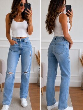 Zara Light Wash Distressed Straight Leg Jeans US 4
